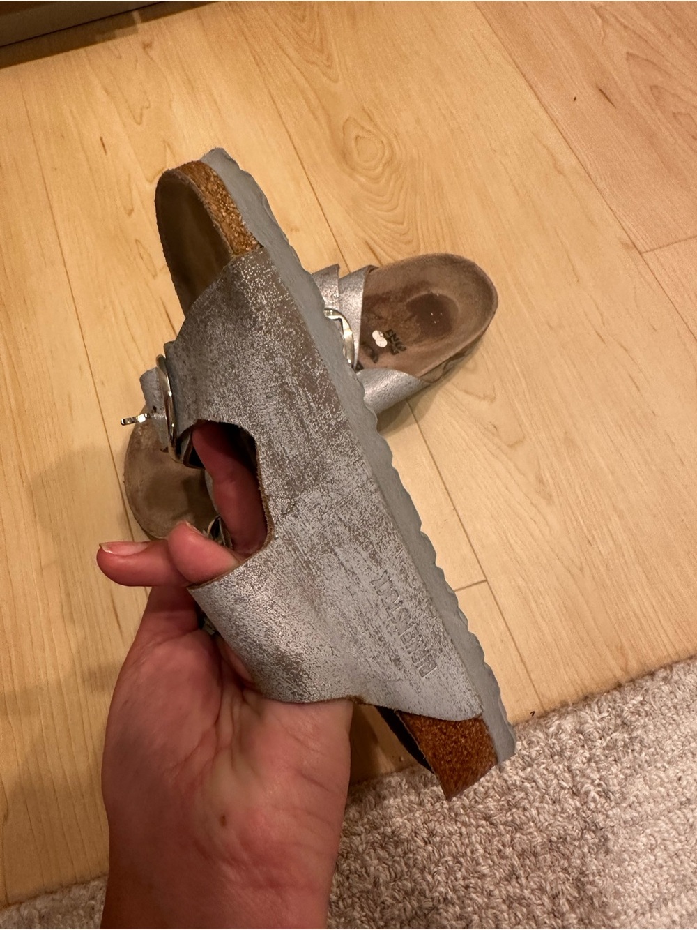Birkenstock Big Buckle Metallic Gray Slide Sandals - Picture 3 of 10